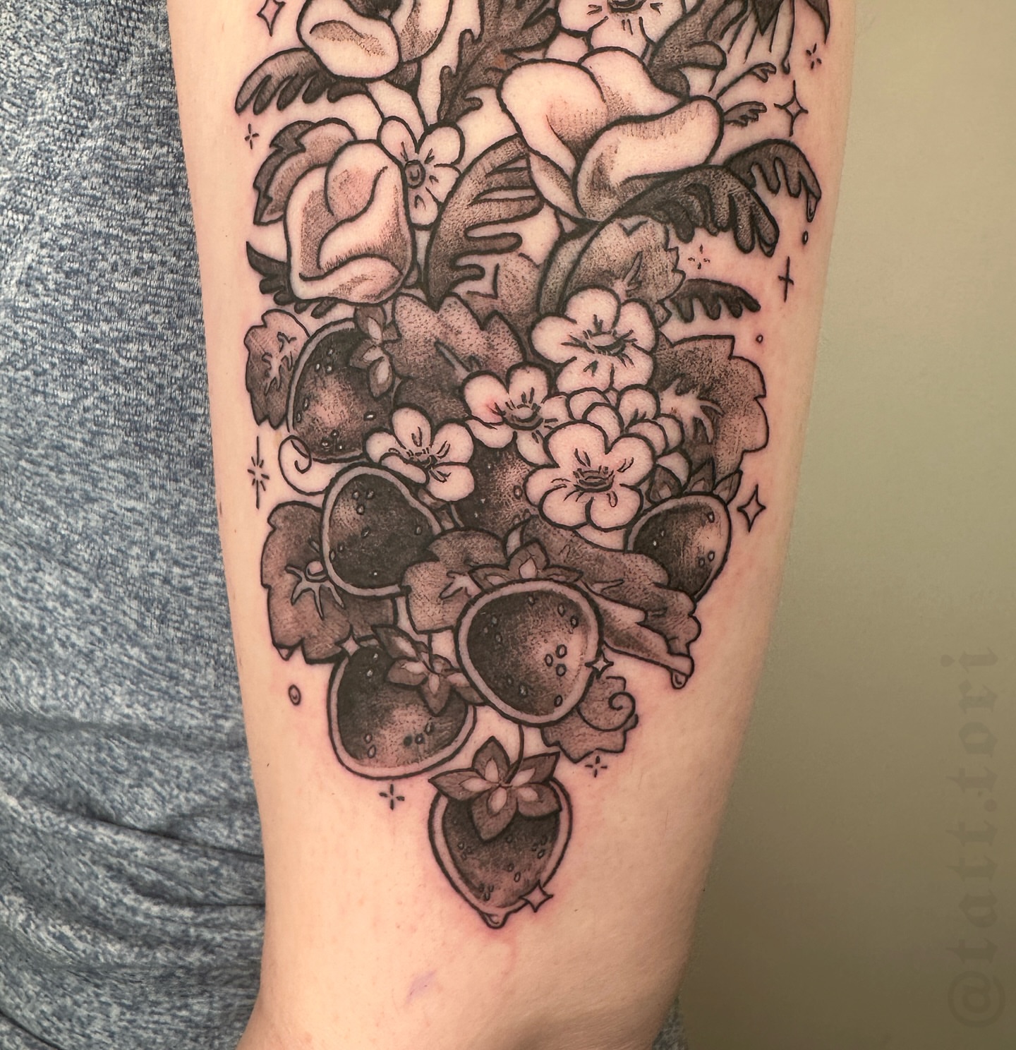 Fruit bouquet realism tattoo on the forearm by 𝔱𝔬𝔯𝔦