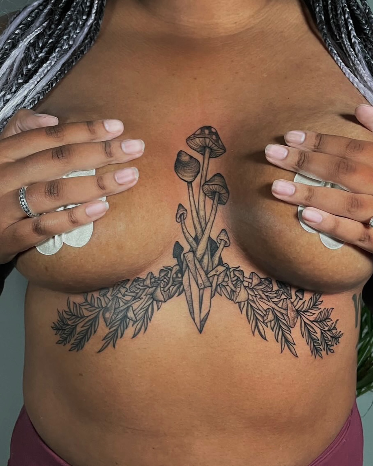 Mushroom and leaves black and grey tattoo on the chest by James Hix - Tattoo Artist, Fort Worth, Texas