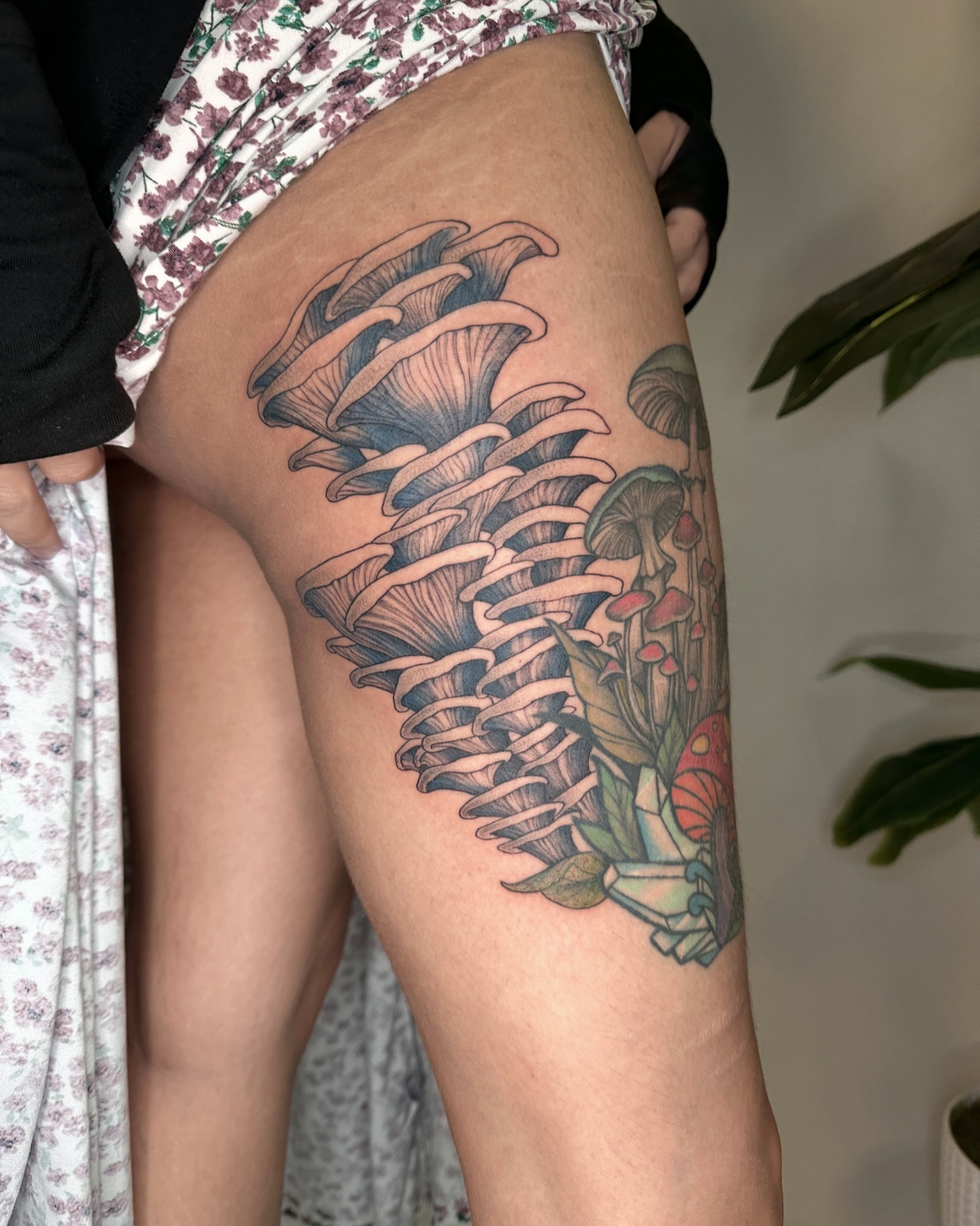 Mushroom cluster new school tattoo on the thigh by James Hix - Tattoo Artist, Fort Worth, Texas