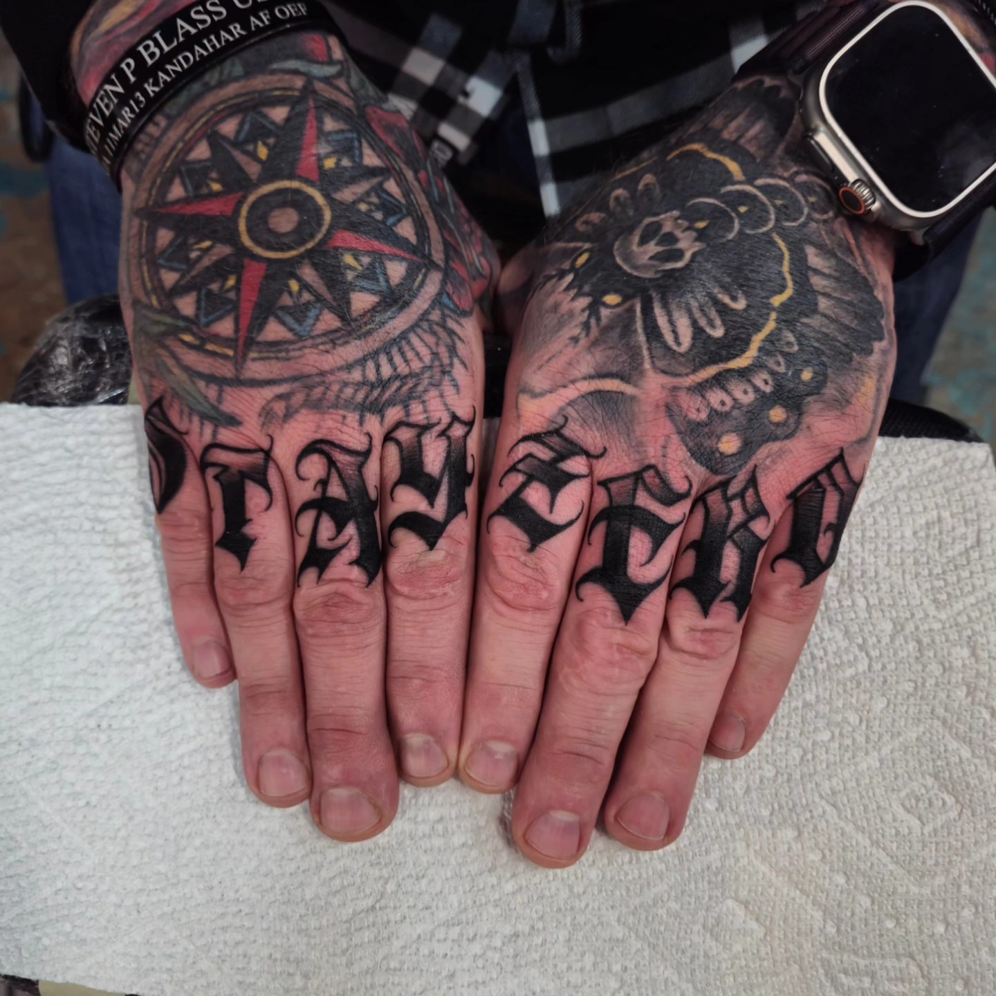 Compass and floral American traditional tattoo on the hand by DiazTattoos, Denver, Colorado