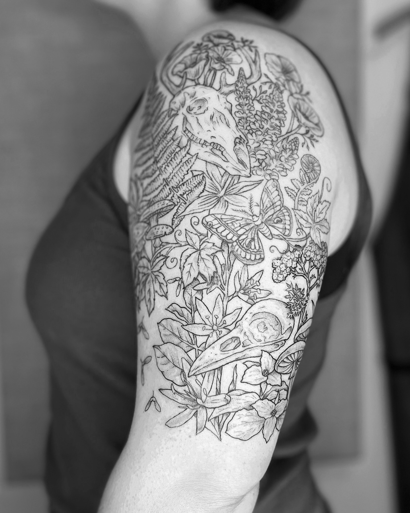 Floral and fauna realism tattoo on the shoulder by Kelsi Hooper, Seattle, Washington