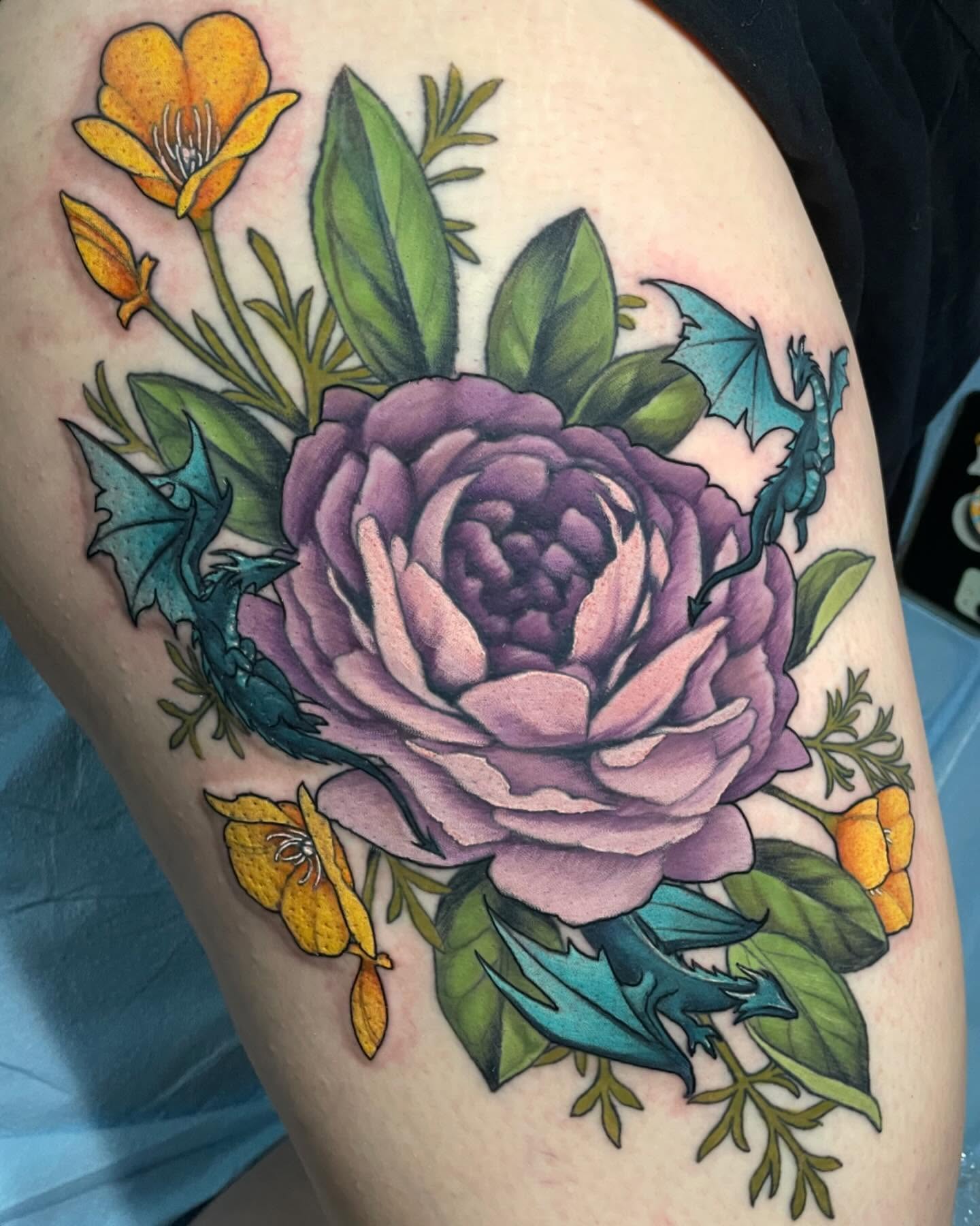 Purple rose with dragonflies new school tattoo on the thigh by Leah Marie, Cincinnati