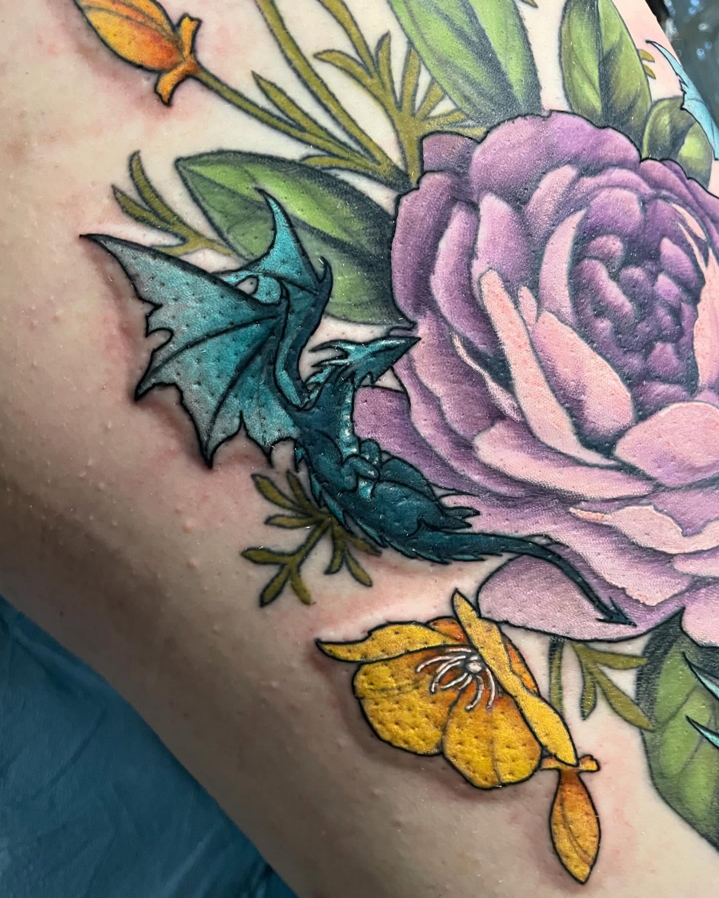 Dragon and rose new school tattoo on the thigh by Leah Marie, Cincinnati