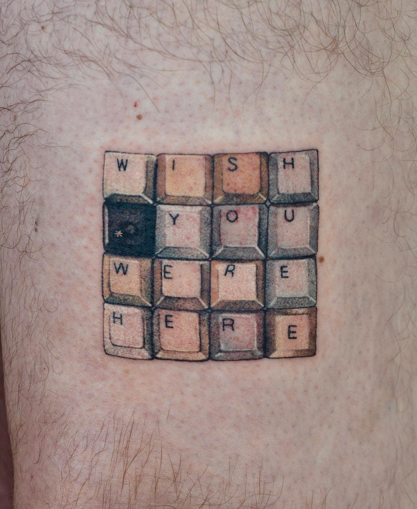 Keyboard keys lettering script tattoo on the thigh by β±βΏβ° π π π° π πΎ β±βΏβ°