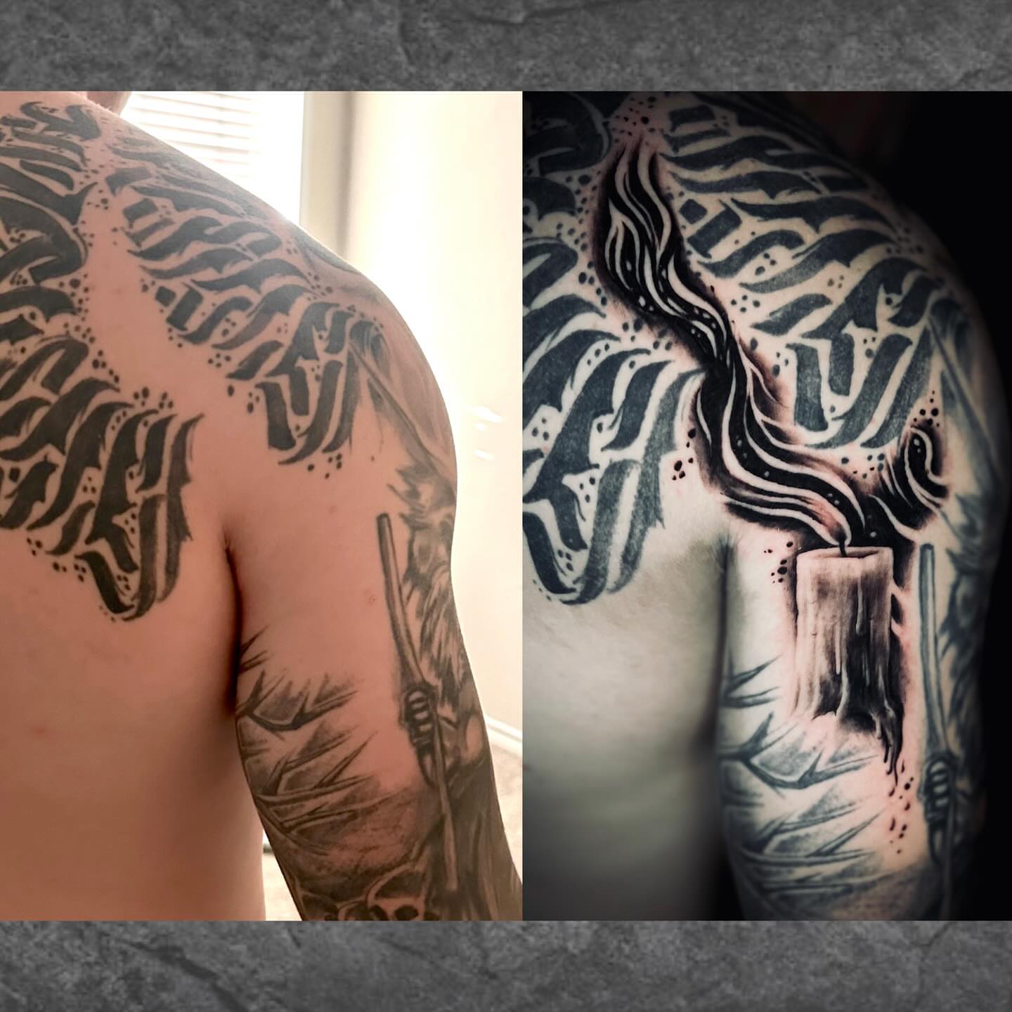 Script lettering lettering script tattoo on the shoulder by Bryce Presley, Mission, Kansas