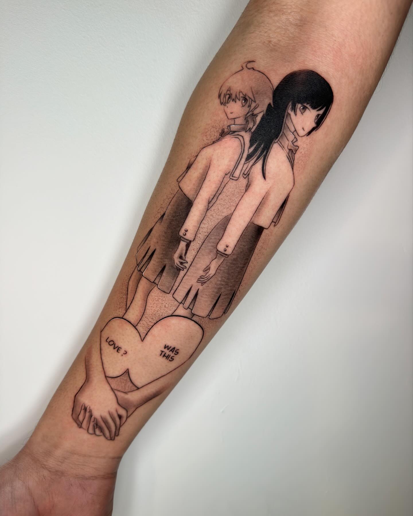 Anime characters anime tattoo on the forearm by Mel