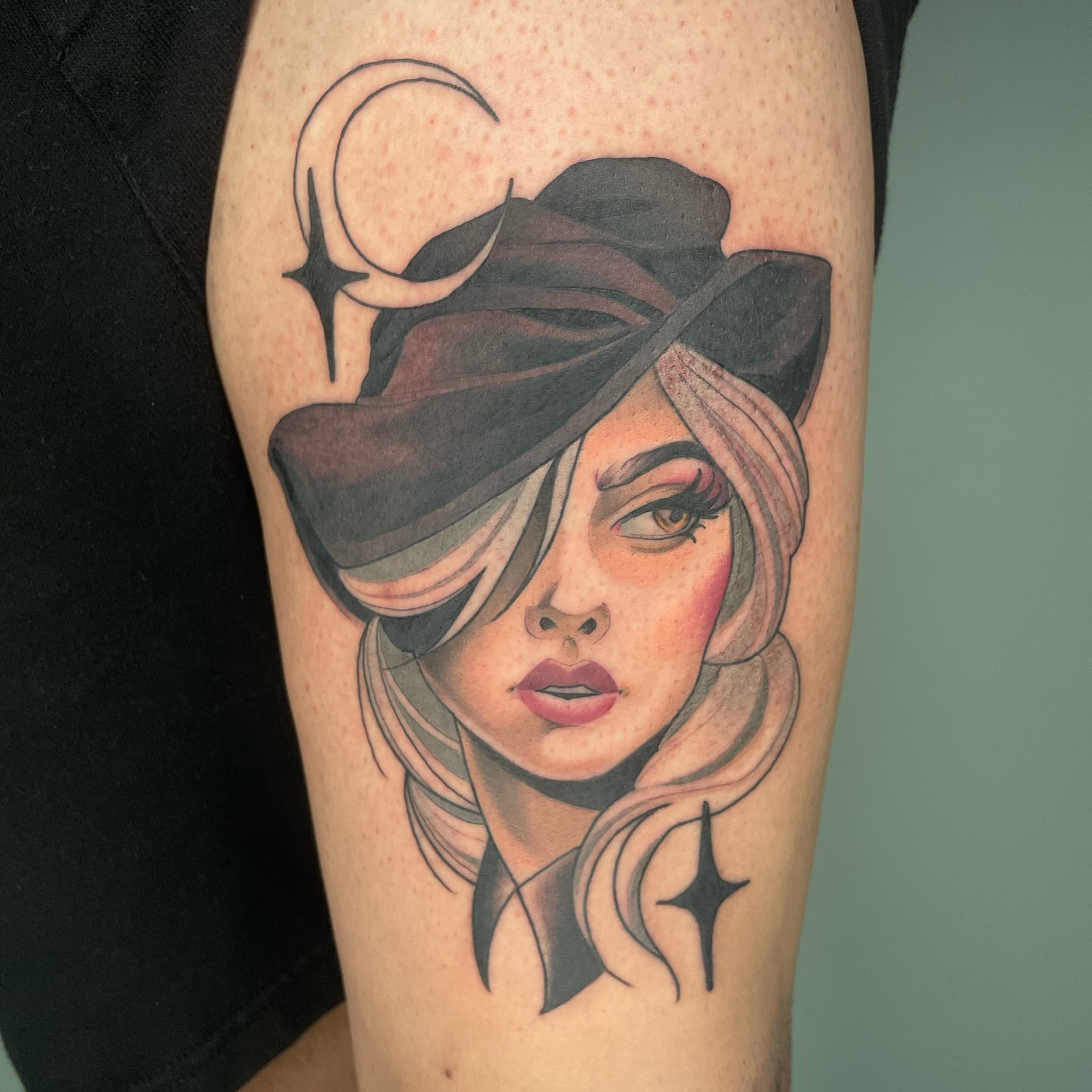 Woman with hat realism tattoo on the forearm by Angel, Salt Lake City, Utah