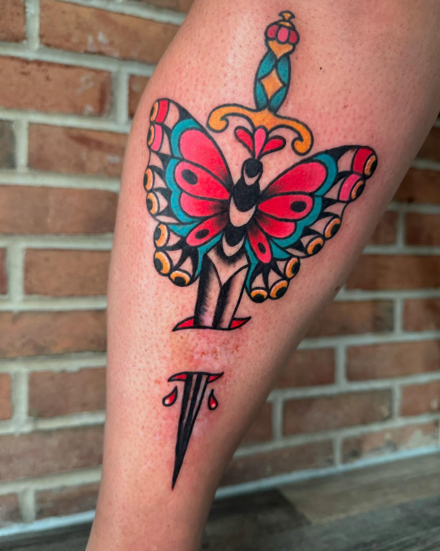 Butterfly American traditional tattoo on the thigh by Perrey