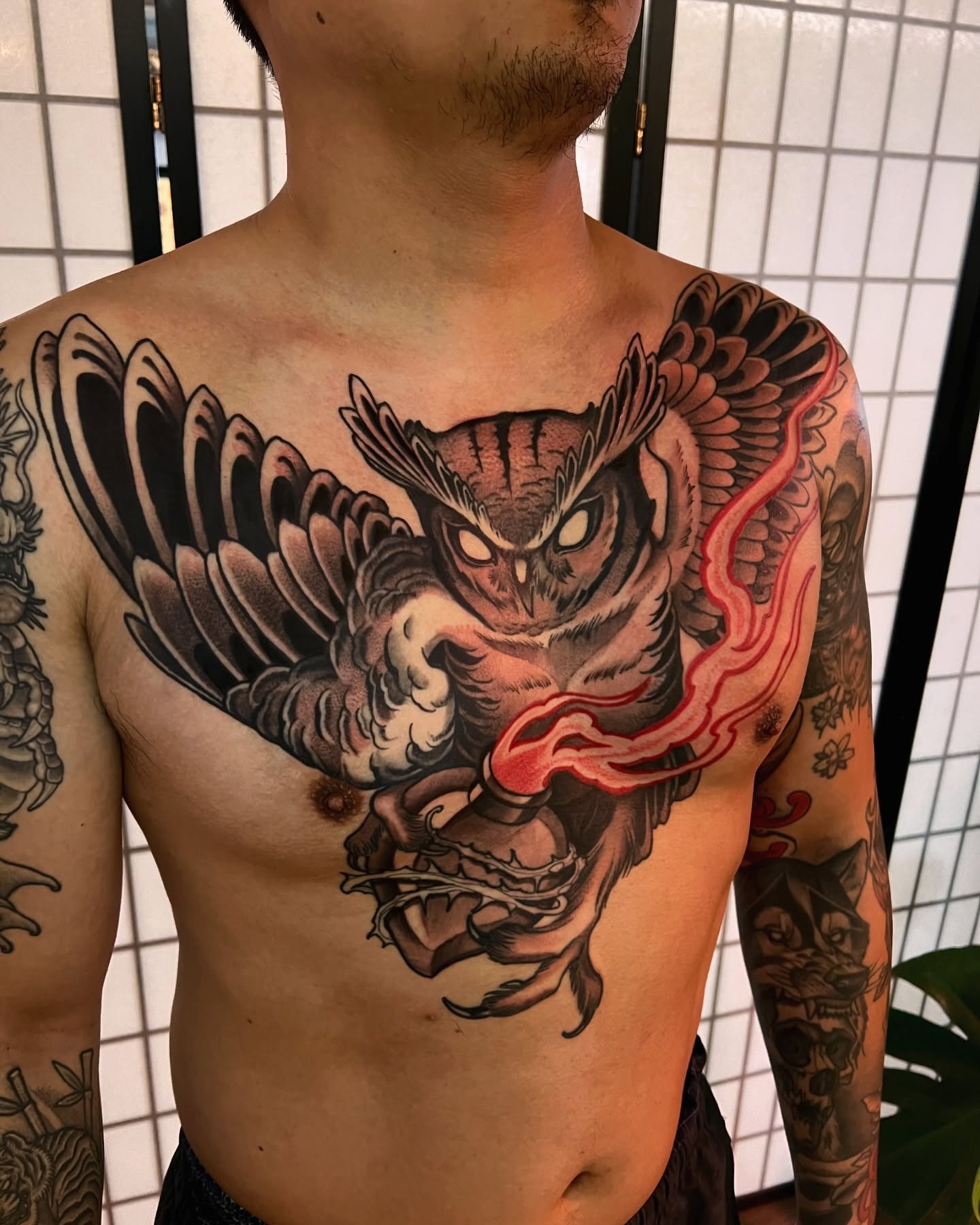Owl japanese irezumi tattoo on the chest by Neo-Traditional tattoos in Las Vegas