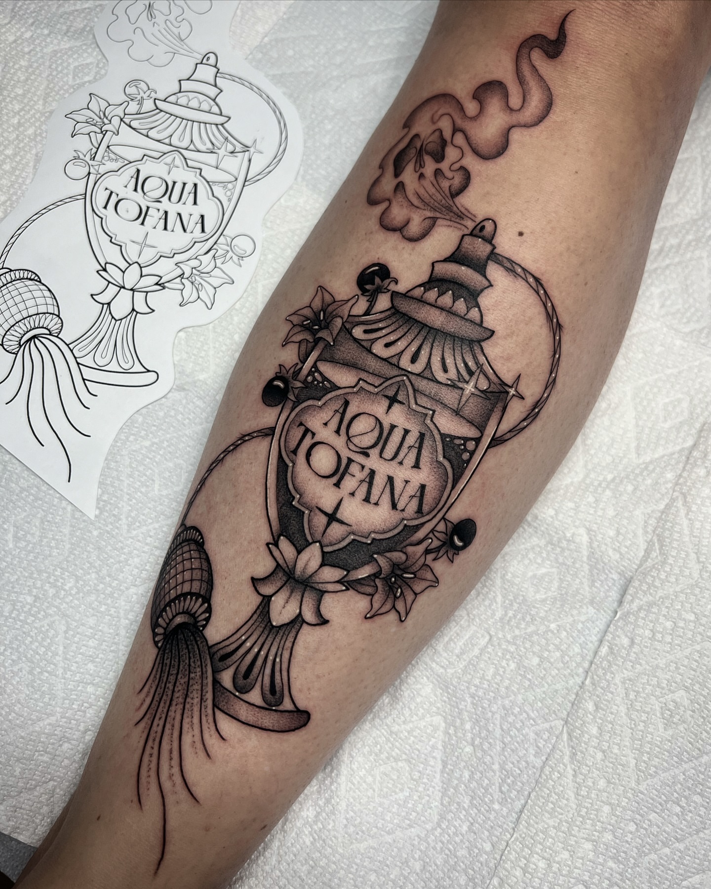 Aqua Tofana black and grey tattoo on the forearm by ∙︎✢︎ Rach K ✢︎