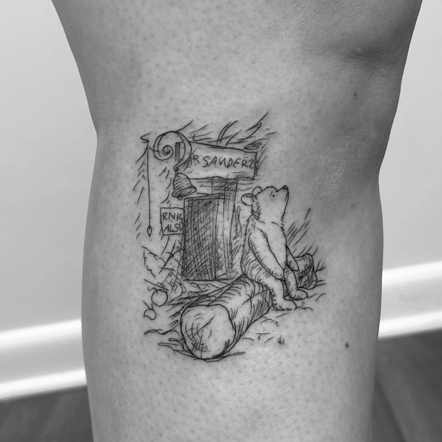 Pooh bear realism tattoo on the thigh by ☆ Nashville Fine Line Tattoo Artist ☆
