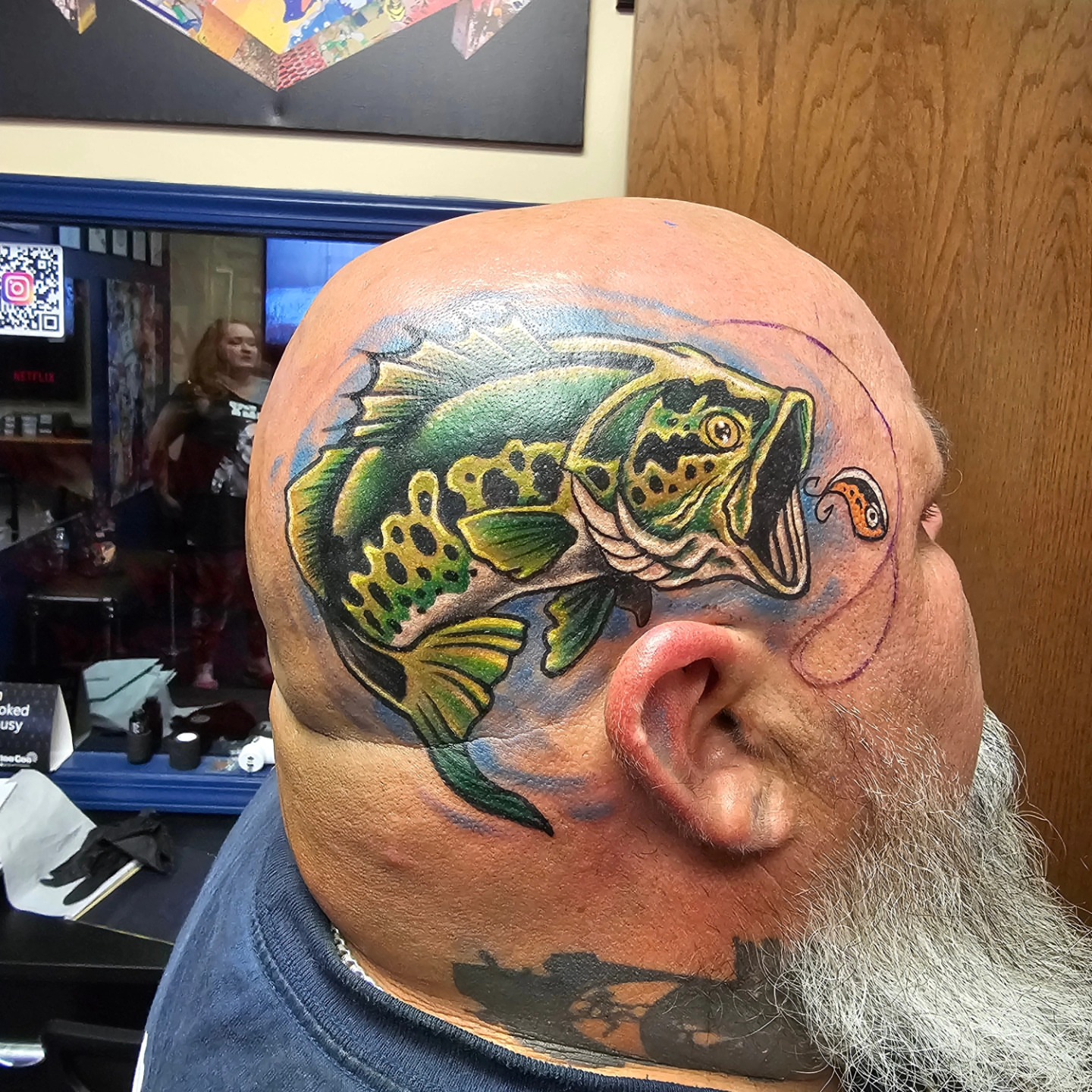 Fish realism tattoo on the head by Germaine Sherman