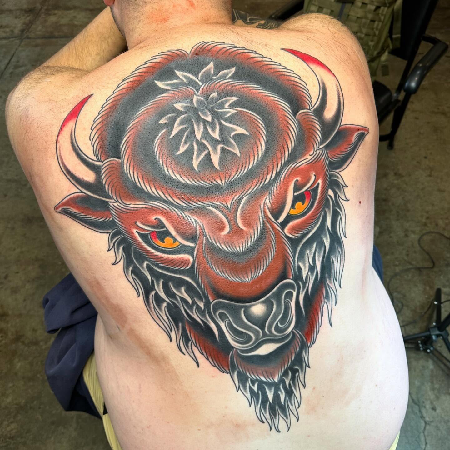 Bull head realism tattoo on the back by Tony Medellin 7X9X