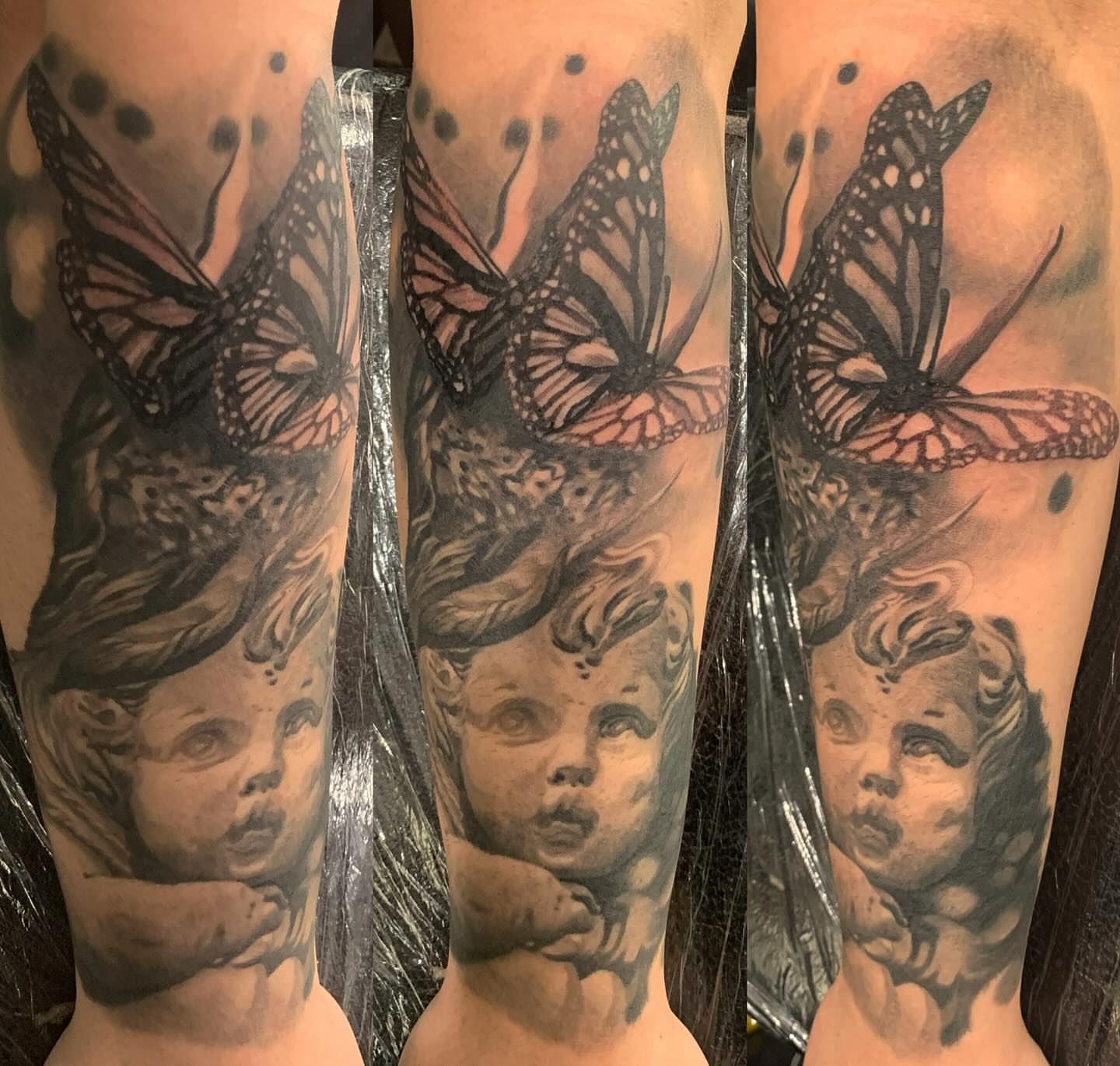 Child's head with butterflies realism tattoo on the forearm by marcus labonne