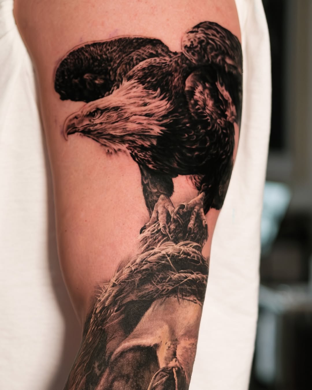 Eagle on branch realism tattoo on the forearm by Christopher Powell