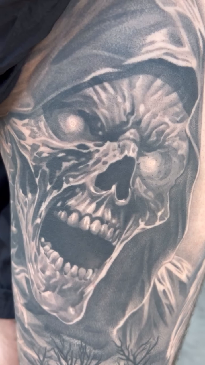 Grim reaper skull realism tattoo by Brian Hernandez