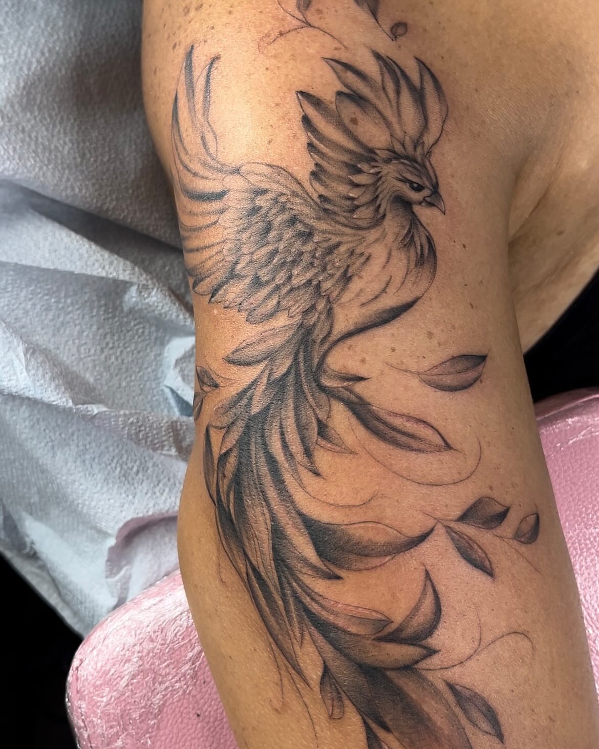 Phoenix black and grey tattoo on the upper arm by jude tattoos