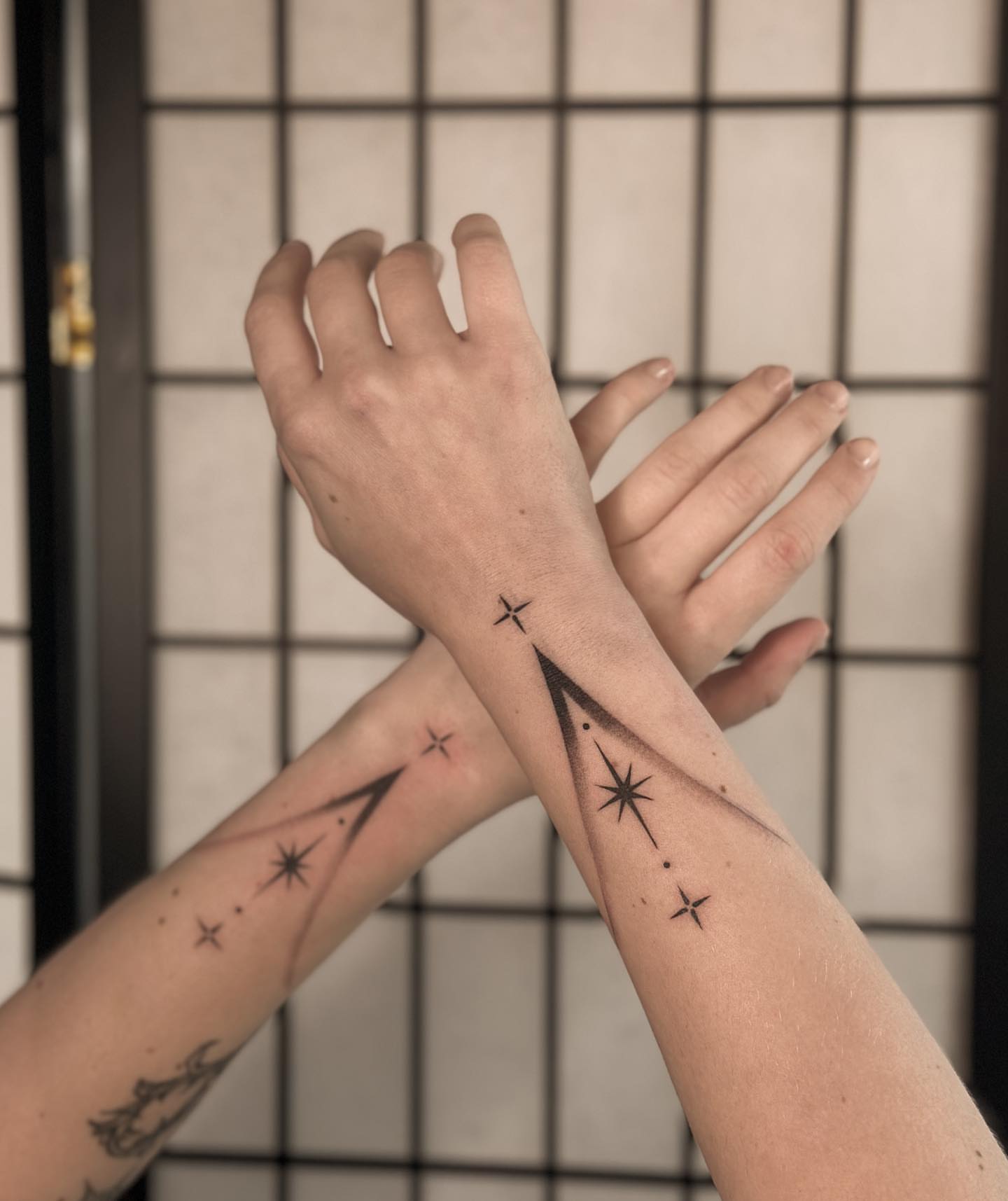 Stars and geometric shapes dotwork tattoo on the forearm by πππππππππ β ππππ ππππ ππππ ππππππ ππππππ, Salt Lake City, Utah