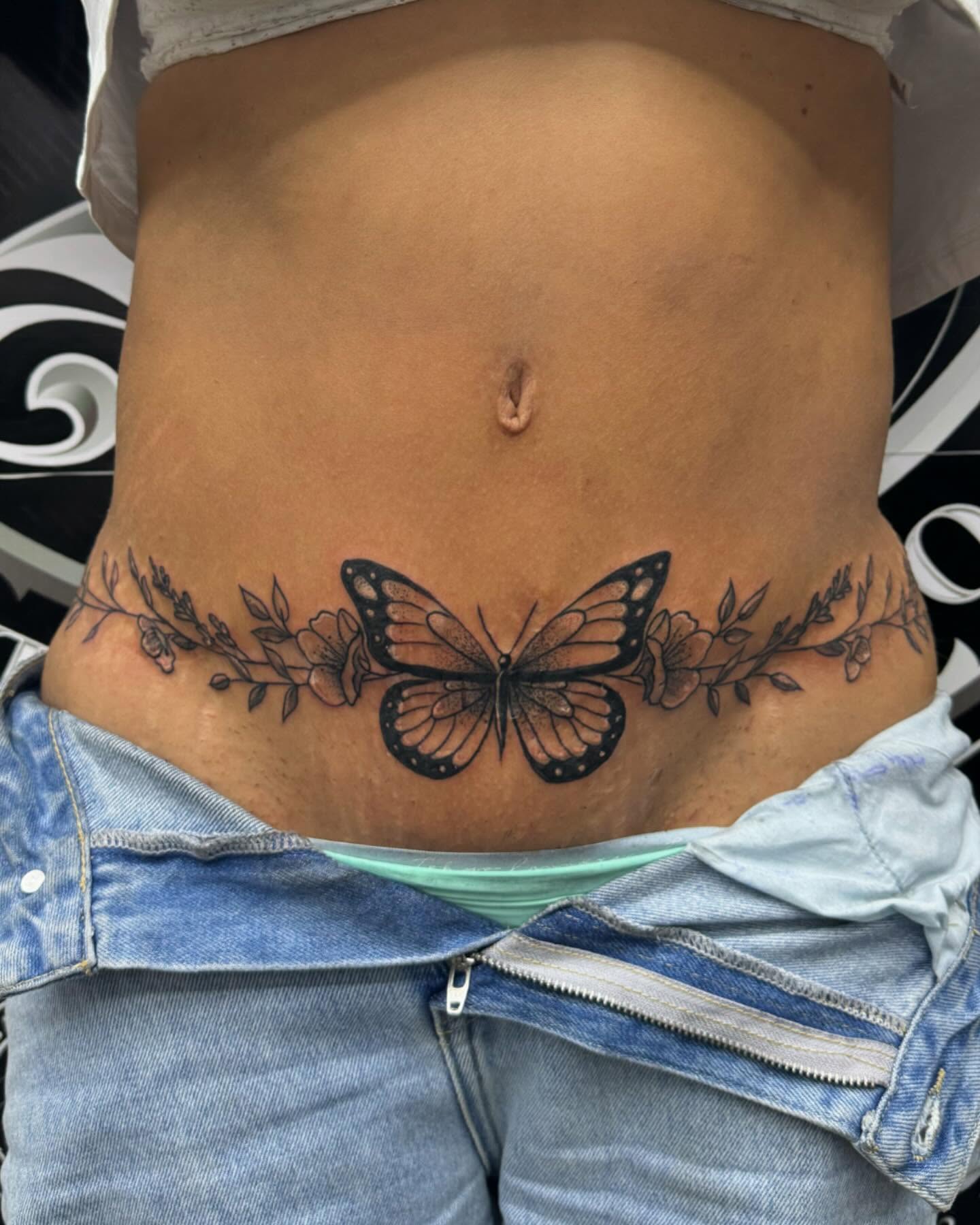 Butterfly and floral vine black and grey tattoo on the torso by ☆ LULU ☆ Licence No. 108595