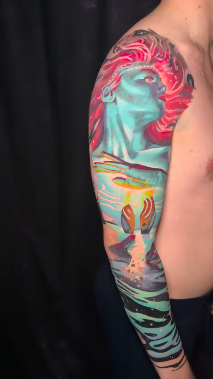 Woman with landscape realism tattoo by Matt Trimble, Charlotte, North Carolina