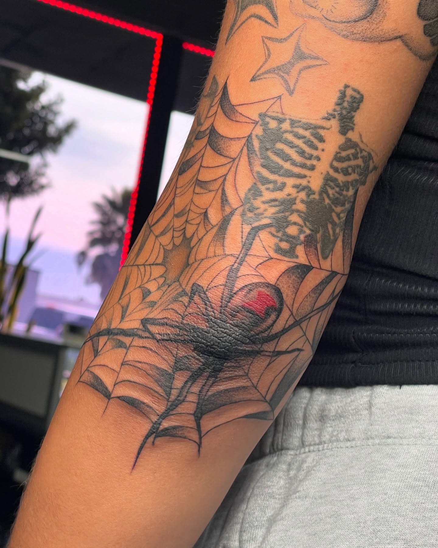 Spider web black and grey tattoo on the forearm by ⊹ * . 𝕵az ⊹ * .