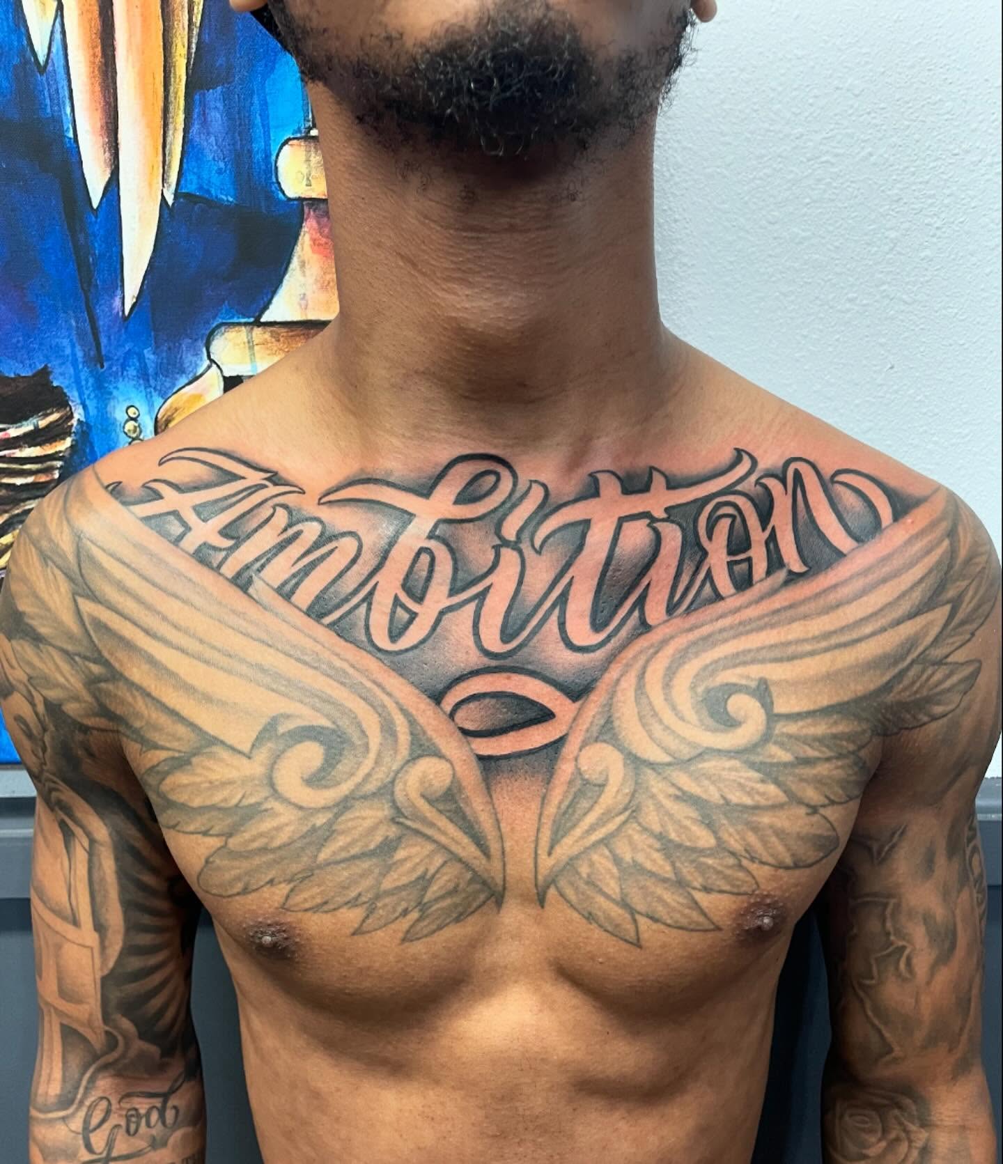 Ambition American traditional tattoo on the chest by Blake