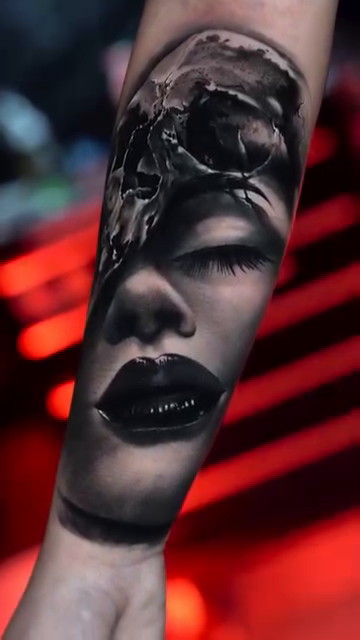 Skull and woman's face realism tattoo by Andres García Baeza