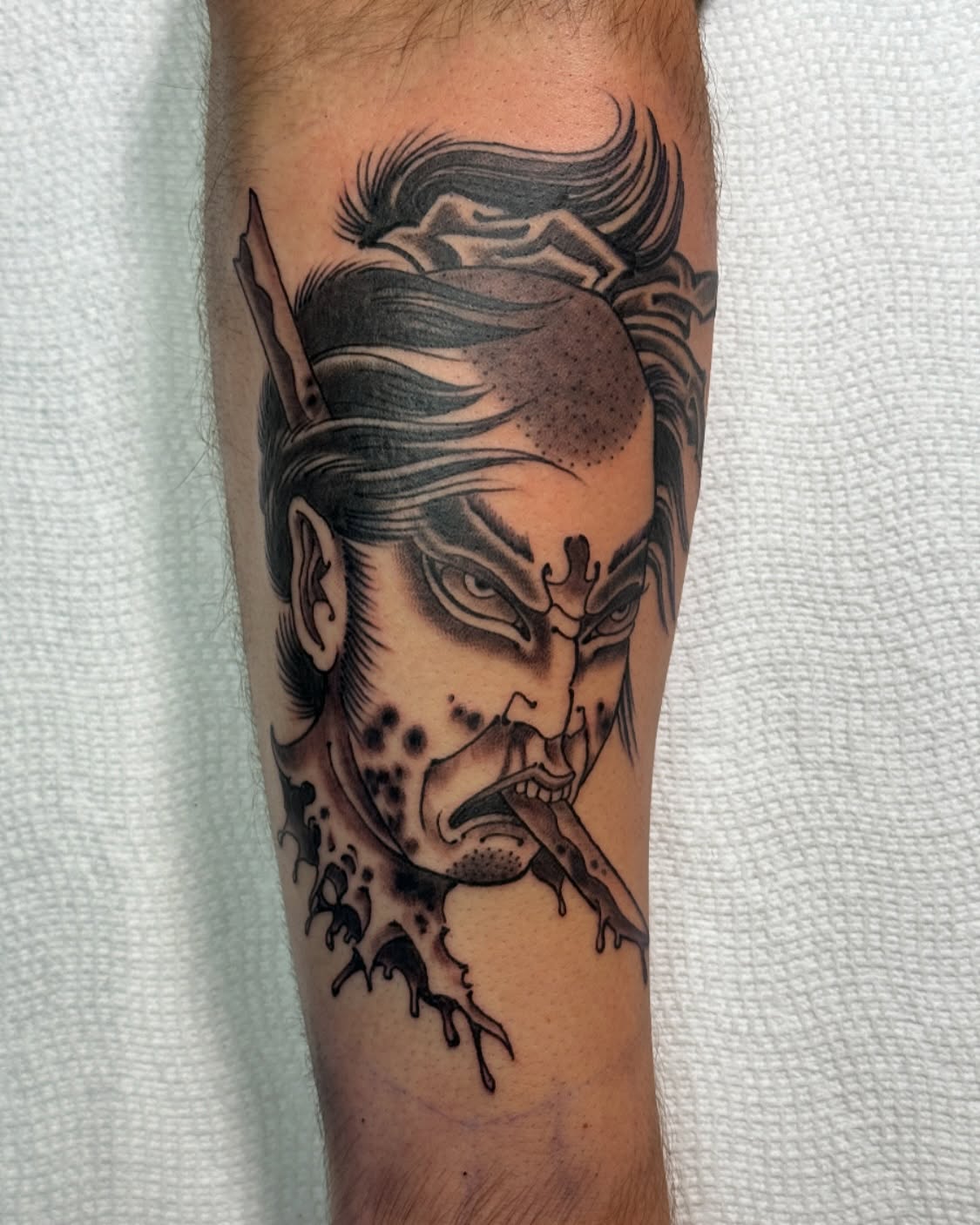 Demon dotwork tattoo on the forearm by Tattooer by Trade Wannabe Artist at Heart