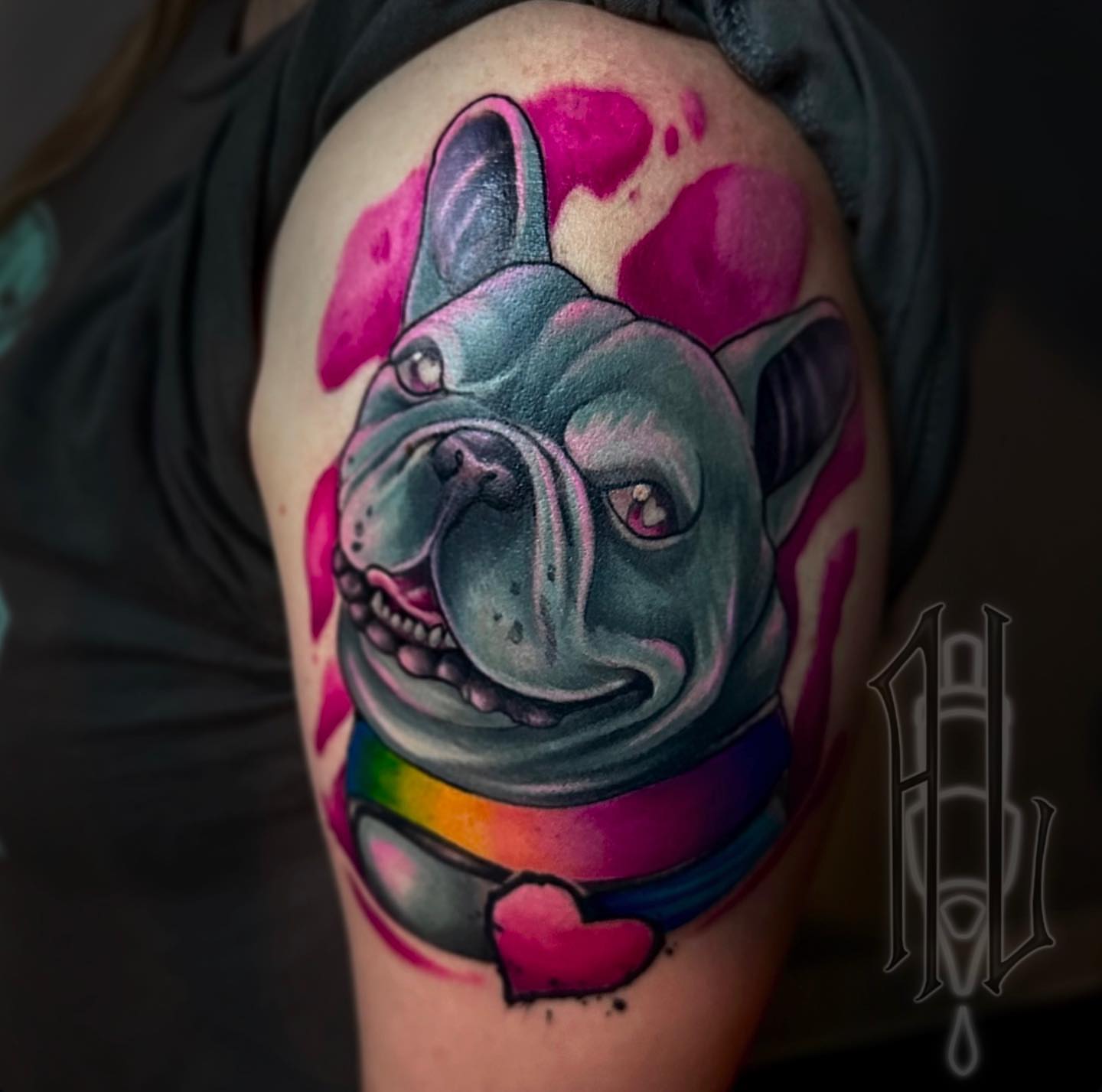 Bulldog realism tattoo on the shoulder by Andrew Luce