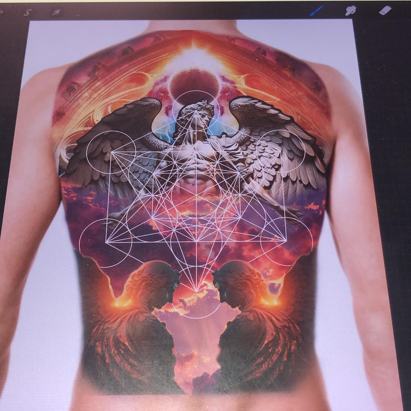 Angels and sacred geometry geometric tattoo on the chest by A.W.