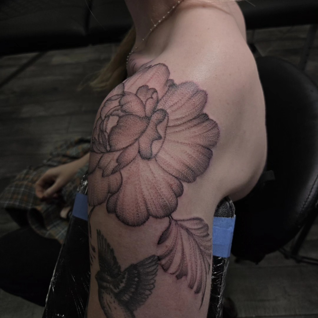 Peony flower black and grey tattoo on the shoulder by Gabrielle Esperanza ☽。⋆