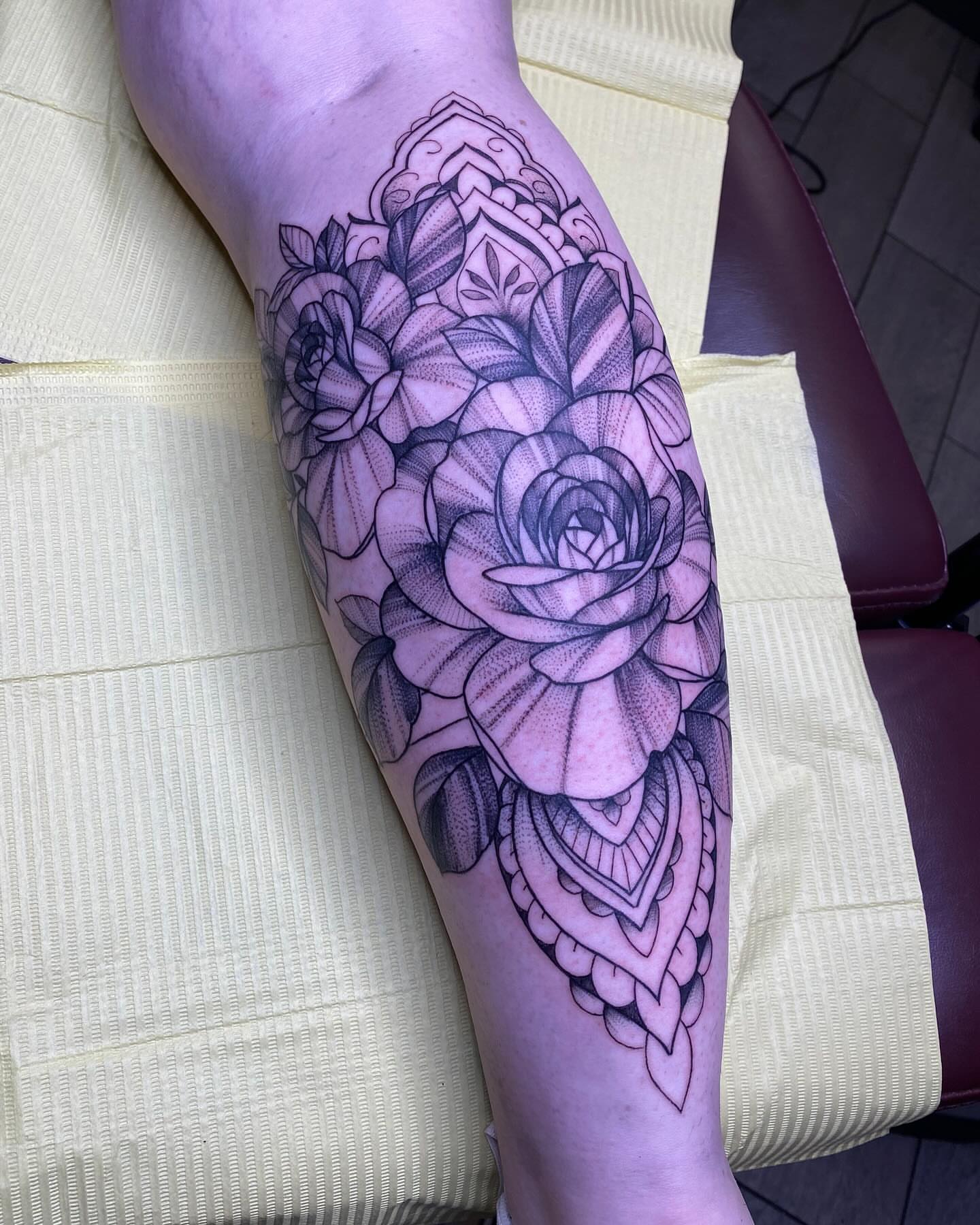 Roses dotwork tattoo on the forearm by @kaitlin.tattoos, Richmond, Virginia