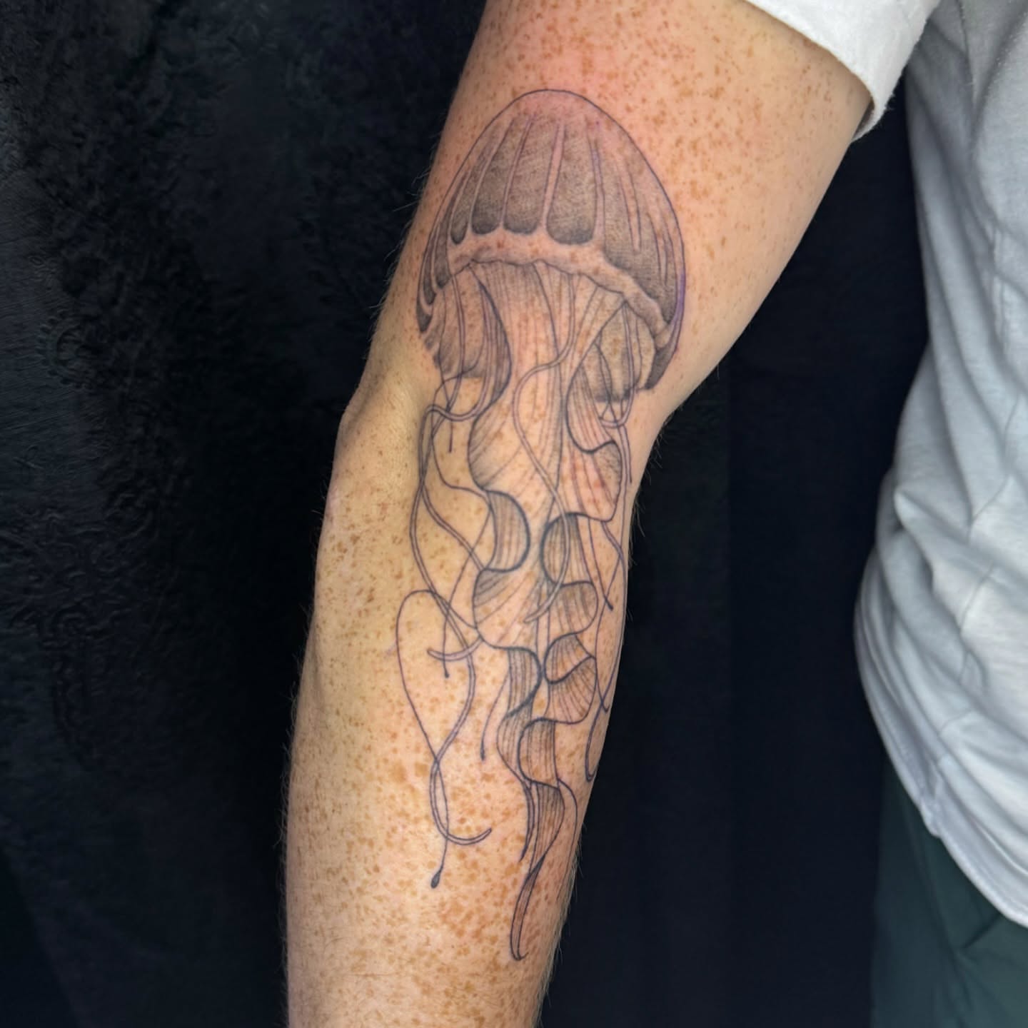 Jellyfish black and grey tattoo on the forearm by @inkedbybanti