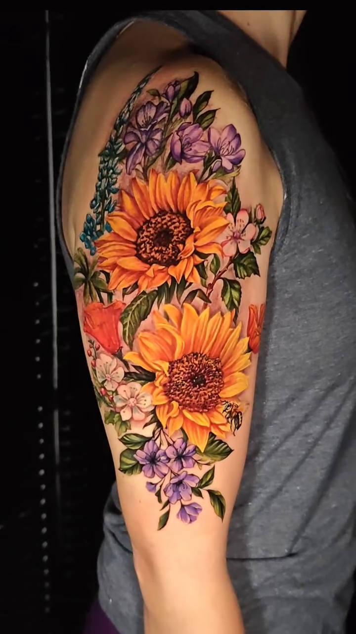 Sunflowers and assorted flowers neo-traditional tattoo by Dallas Tattoo Artist Erik Espinoza