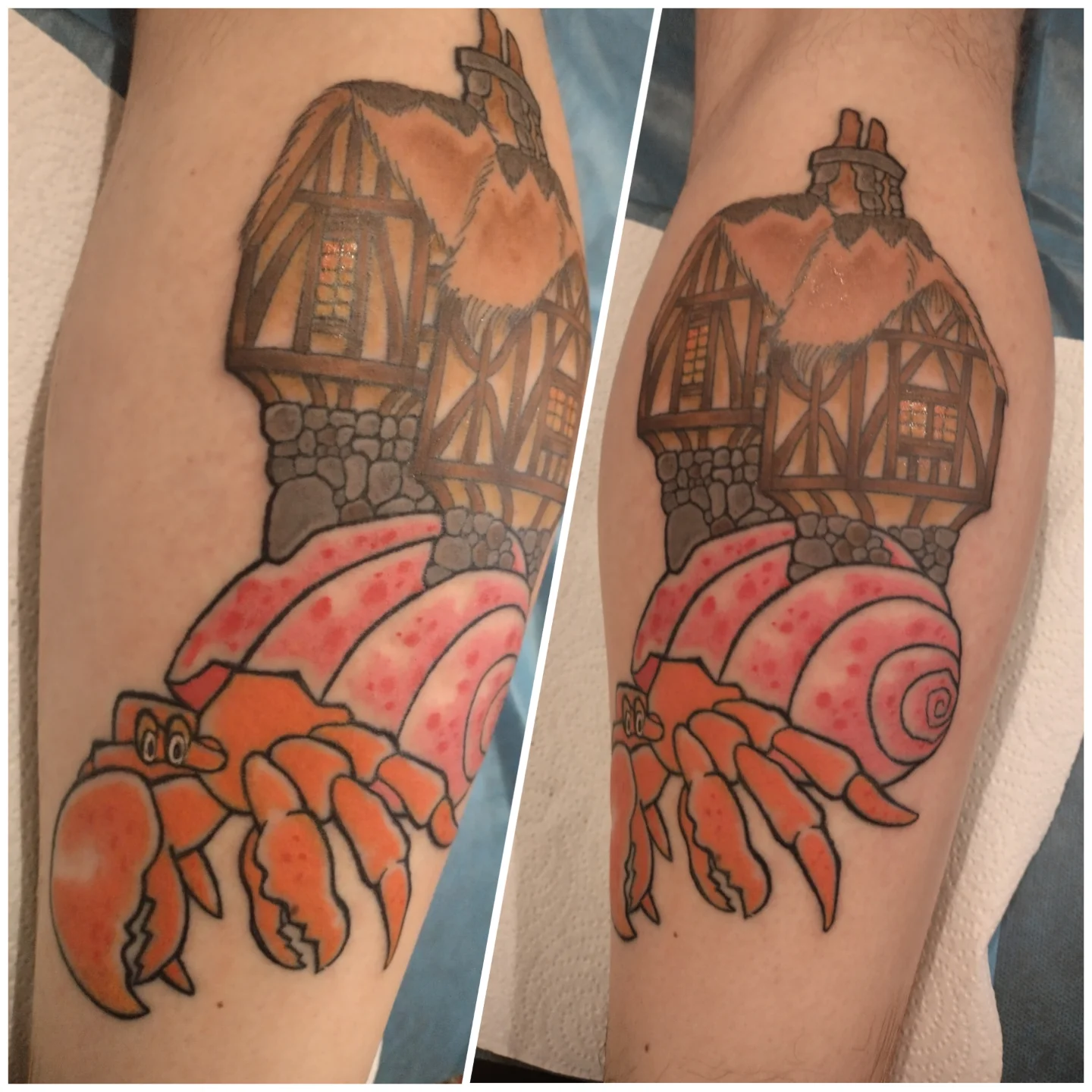 Crab and medieval house American traditional tattoo on the forearm by Matt Williamson