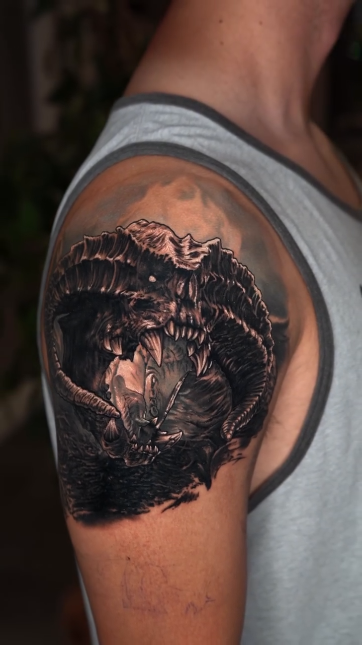 Demon with horns dark realism tattoo by 𝒁𝒂𝒌 𝑷𝒆𝒓𝒓𝒚