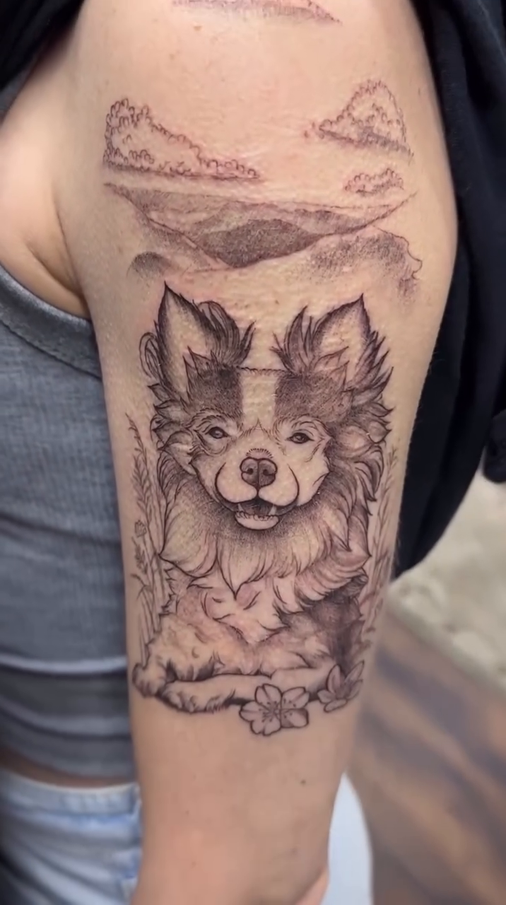 Dog portrait realism tattoo by Ruby Gore, Portland, Oregon