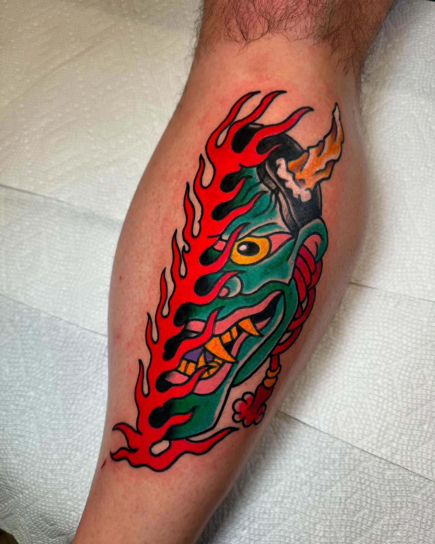 Flaming dragon head American traditional tattoo on the forearm by Alex Kass 🥩 San Antonio TX, San Antonio, Texas