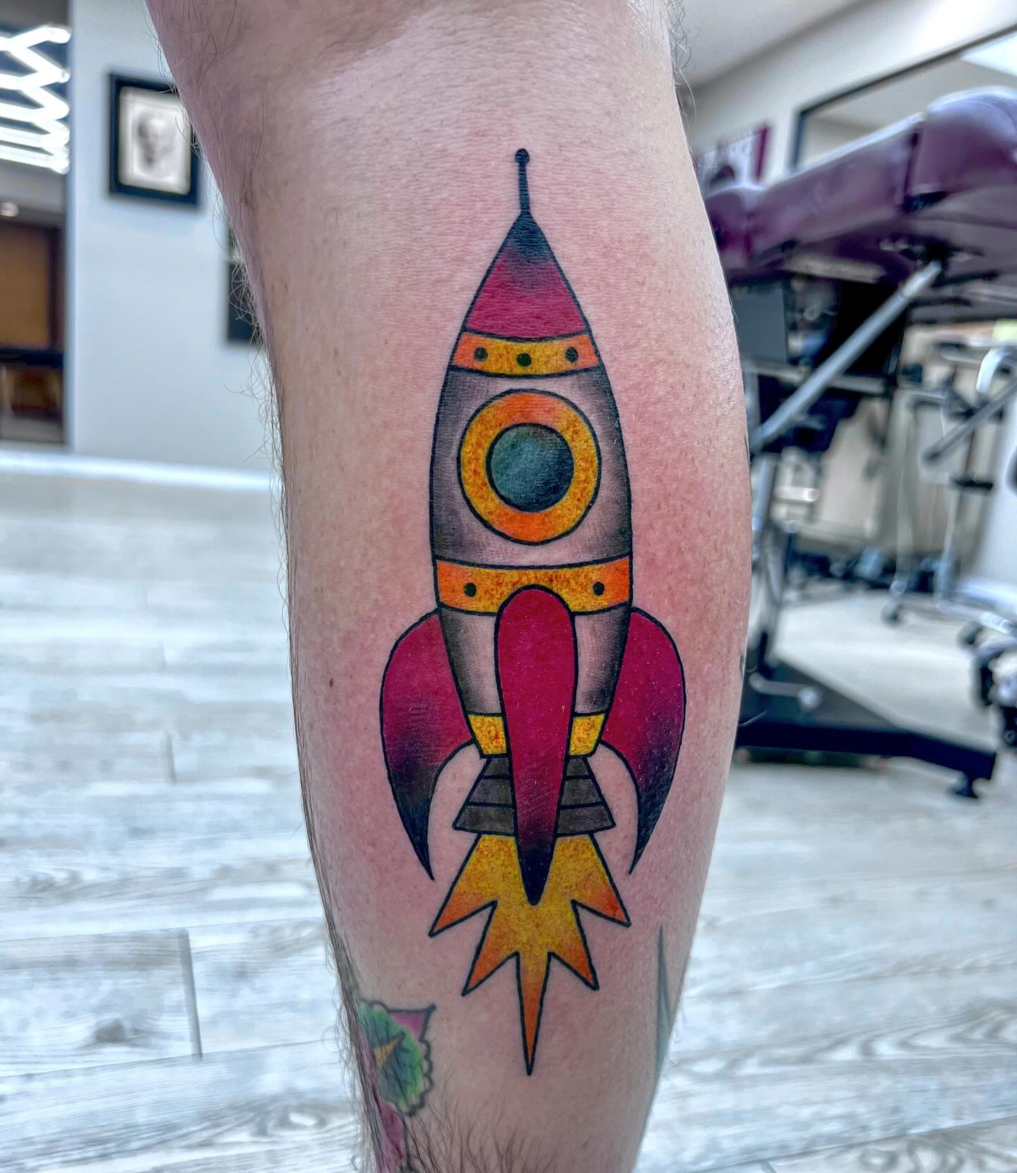 Rocket new school tattoo on the leg by Ashley Fino, Las Vegas, Nevada
