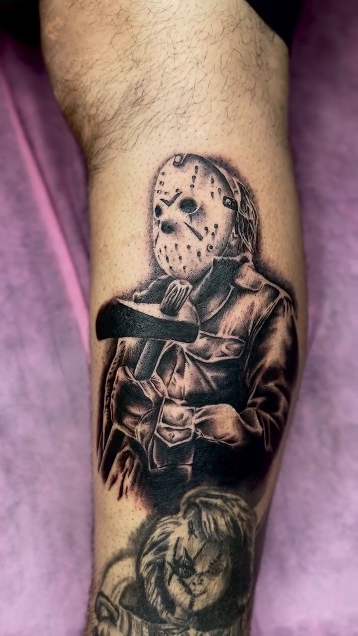 Jason Voorhees realism tattoo by Erika Nambo