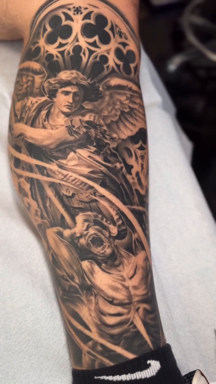 Angelic scene with gothic architecture realism tattoo by 𝐉𝐨𝐧 𝐒𝐚𝐧𝐭𝐨𝐬