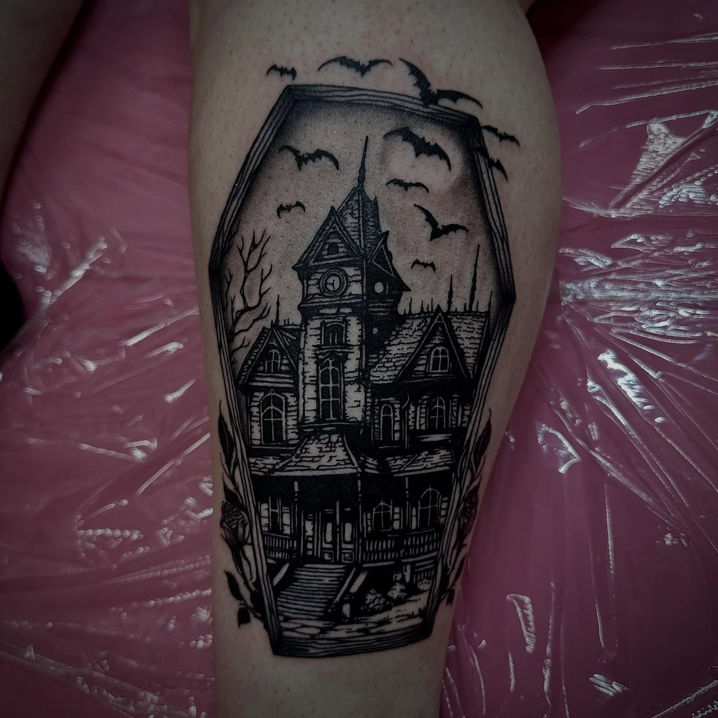 Haunted house dark realism tattoo on the forearm by Emily‹𝟹