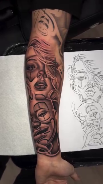 Woman with roses and script Chicano tattoo by Cesar Nava