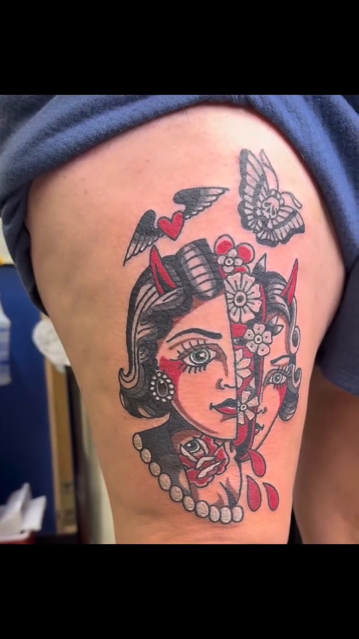 Split face woman with butterflies neo-traditional tattoo by Don Robison