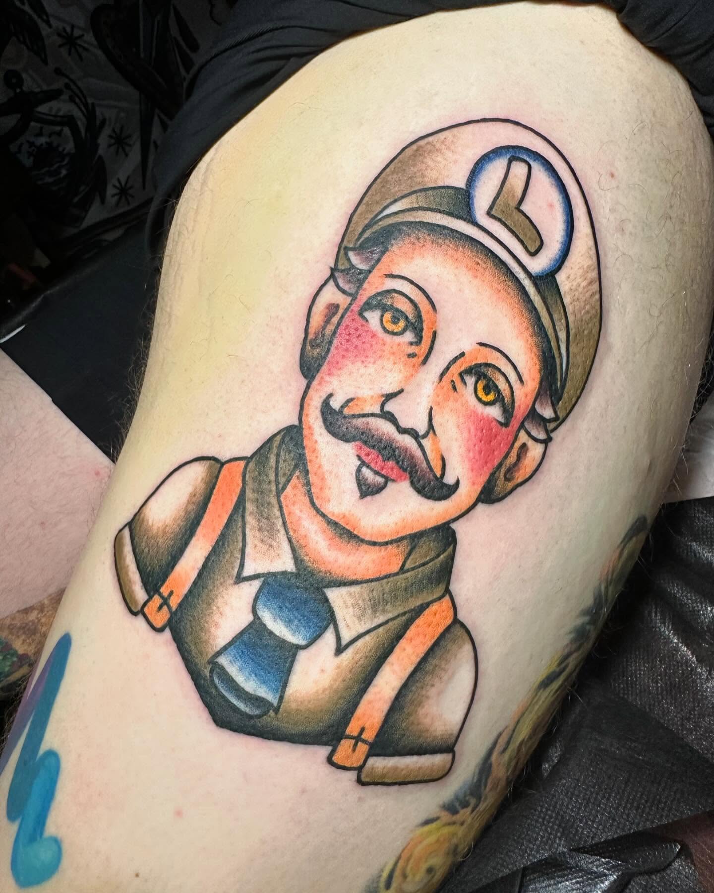 Chili pepper man American traditional tattoo on the thigh by Jenni Hand - Tattoo, Maryville, Tennessee