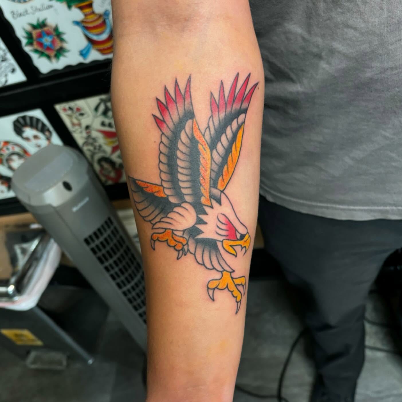 Eagle American traditional tattoo on the forearm by Kimberly Shordon