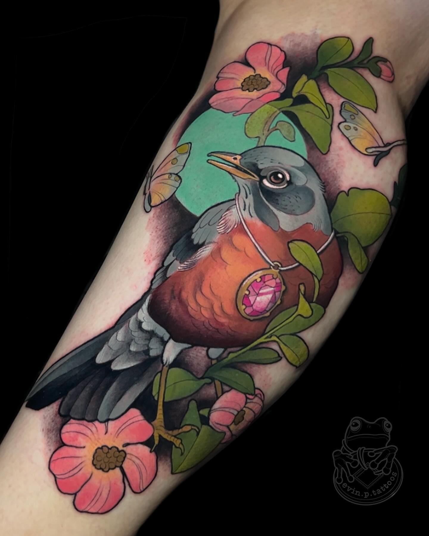 Bird and flowers realism tattoo on the forearm by Evin Pfaff, Bedford, Pennsylvania