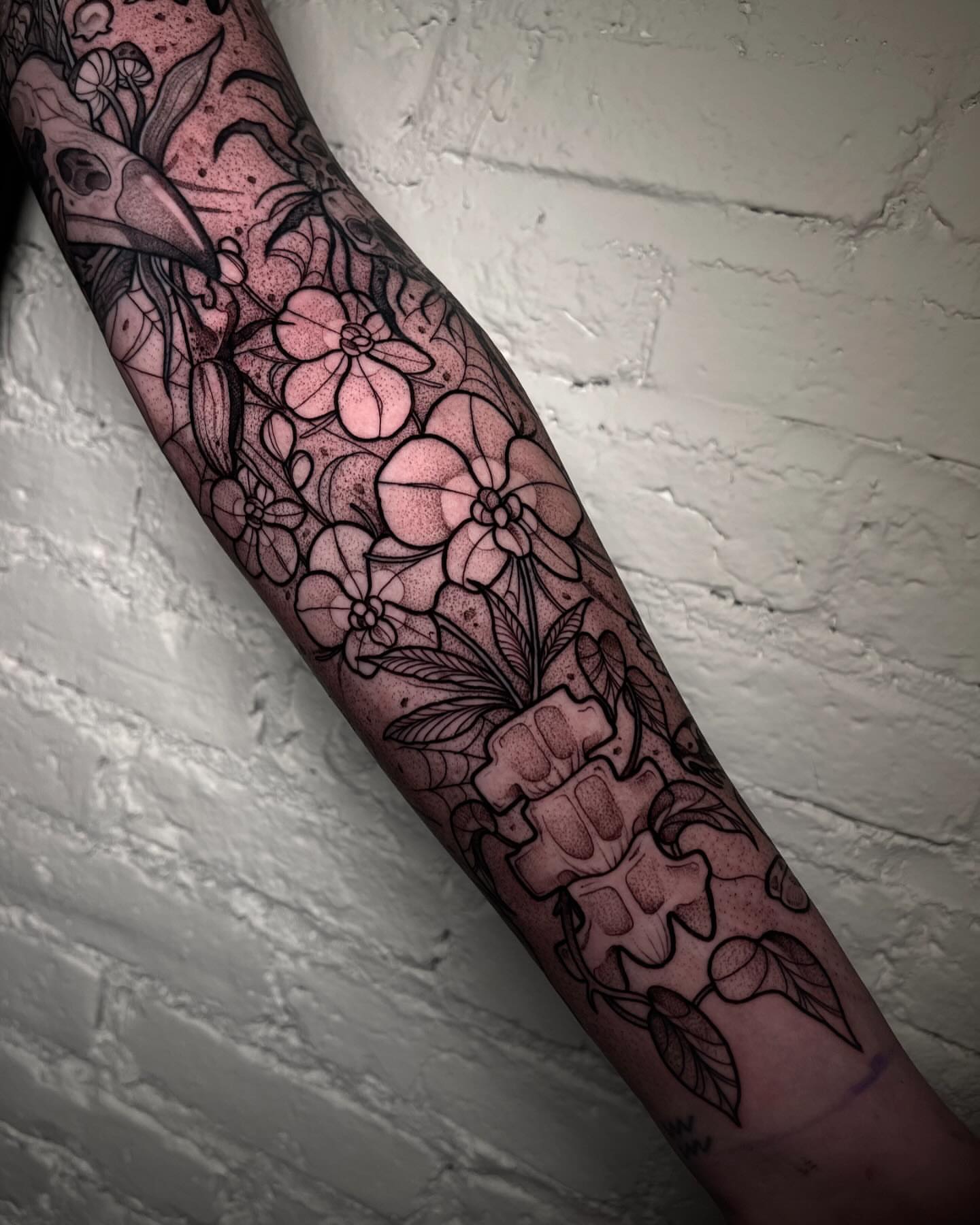 Floral bouquet dotwork tattoo on the forearm by H A N N A H, Colorado Springs, Colorado