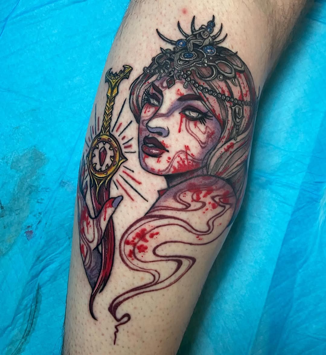Woman with sword neo-traditional tattoo on the forearm by โ๏ธ ๐๐ฎ๐ฐ๐ธ๐ถ๐ฒ โ๏ธ