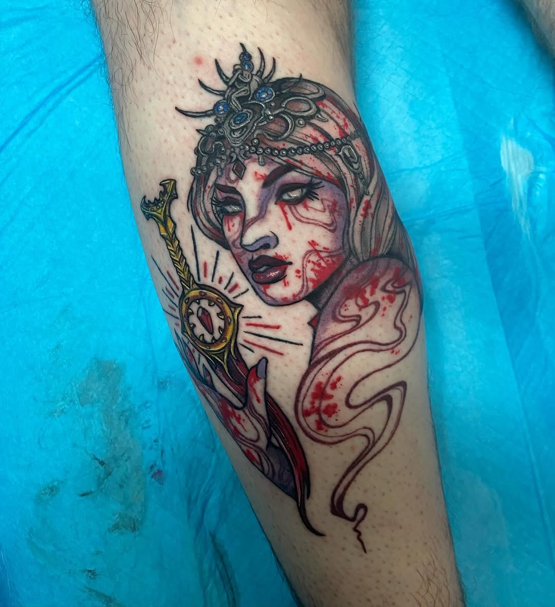 Woman with sword neo-traditional tattoo on the forearm by โ๏ธ ๐๐ฎ๐ฐ๐ธ๐ถ๐ฒ โ๏ธ